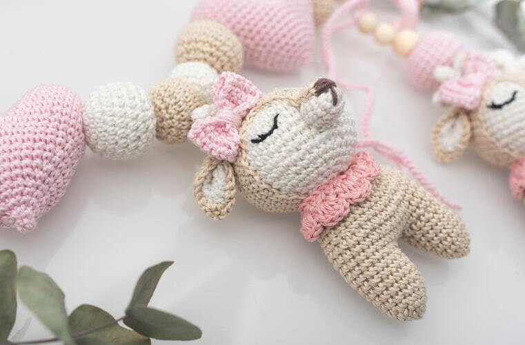 A closeup of amigurami crochet animals.